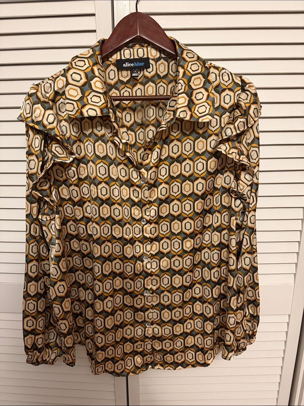 Alice Blue Woman’s Geometric Print Silk Button-Up Shirt in Yellow and Brown